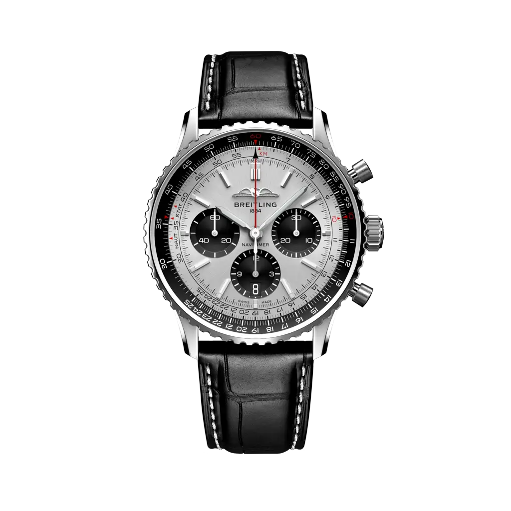 Breitling Navitimer B01 Chronograph 43 mm Black And White Dial Stainless Steel Leather Strap AB0138241G1P1