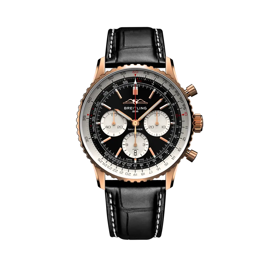 Breitling Navitimer B01 Chronograph 43 mm White With Black  Dial 18K Red Gold   Leather Strap RB0138211B1P1