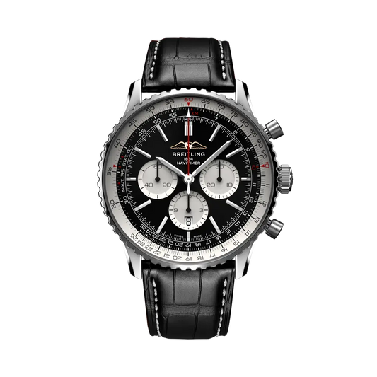 Breitling Navitimer B01 Chronograph 46 mm Black And White Dial Stainless Steel   Leather Strap AB0137211B1P1