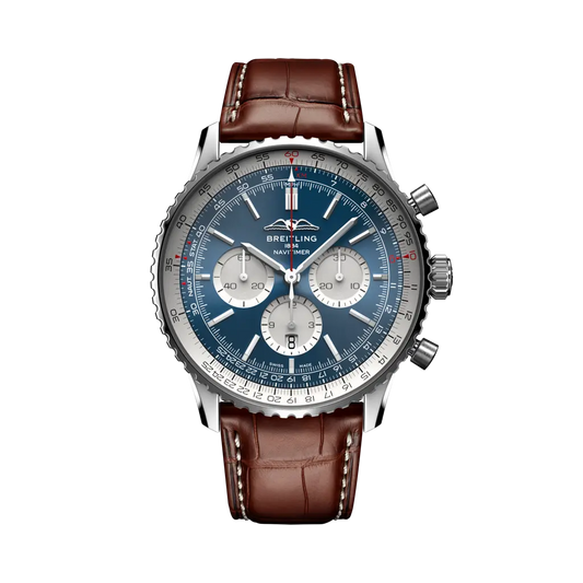 Breitling Navitimer B01 Chronograph 46 mm White And Blue Dial Stainless Steel   Leather Strap AB0137211C1P1