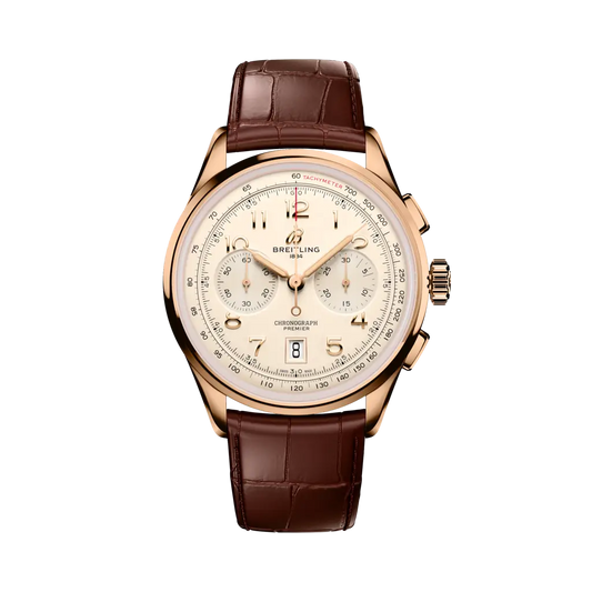 Breitling Premier B01 Chronograph 42 mm Champagne Dial 18k Red Gold Leather Brown Strap RB0145371G1P2
