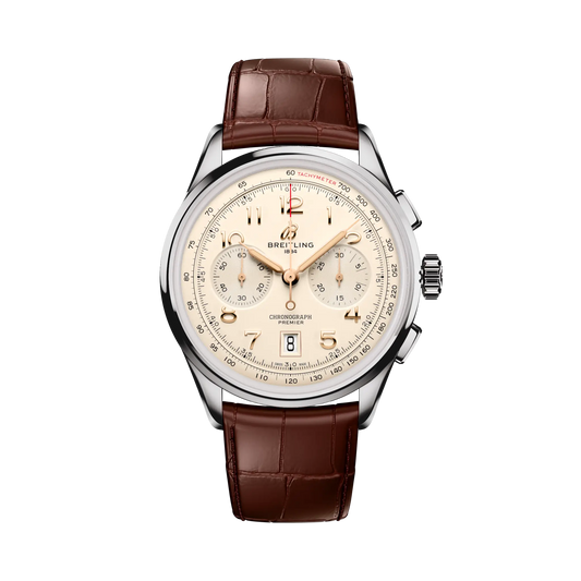 Breitling Premier B01 Chronograph 42 mm Champagne Dial Stainless Steel   Leather Brown Strap AB0145211G1P2
