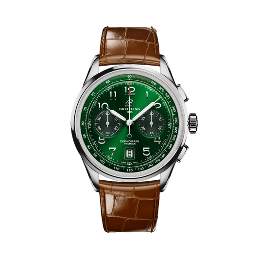 Breitling Premier B01 Chronograph 42 mm Green Dial Stainless Steel   Leather Gold Brown Strap AB0145371L1P1