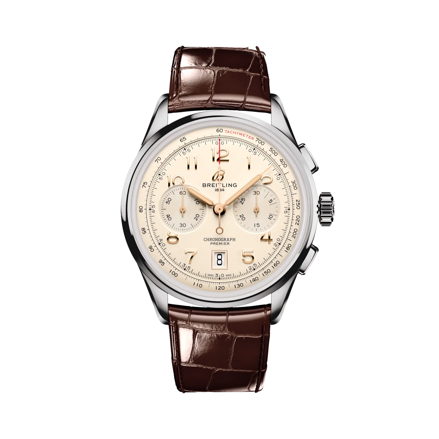Breitling Premier B01 Chronograph 42 mm White Dial Stainless Steel   Leather Brown Strap AB0145211G1P1