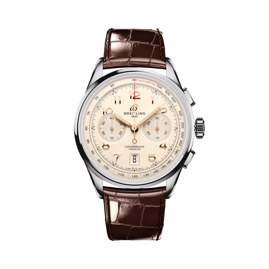 Breitling Premier B01 Chronograph 42 mm White Dial Stainless Steel   Leather Brown Strap AB0145211G1P1