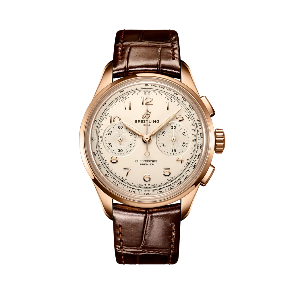 Breitling Premier B09 Chronograph 40 mm Rose White Dial 18K Red Gold   Leather Brown Strap RB0930371G1P1