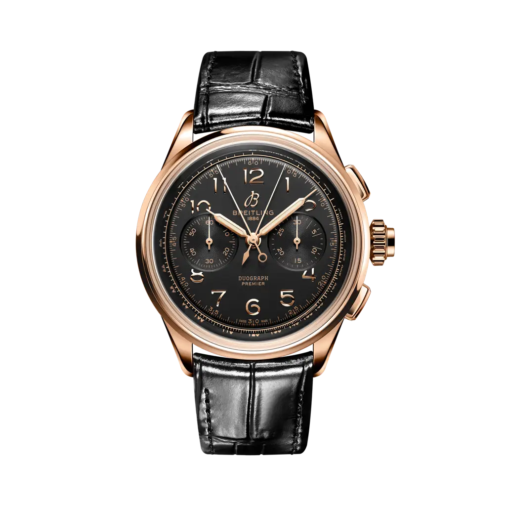 Breitling Premier B15 Duograph  42 mm Bright Black Dial 18K Red Gold   Leather Black Strap RB1510251B1P1