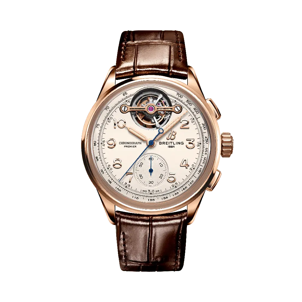 Breitling Premier B21 Chronograph Tourbillon 42 Gaston Breitling 42 mm White Dial 18K Red Gold   Leather Brown Strap RB2120211G1P1