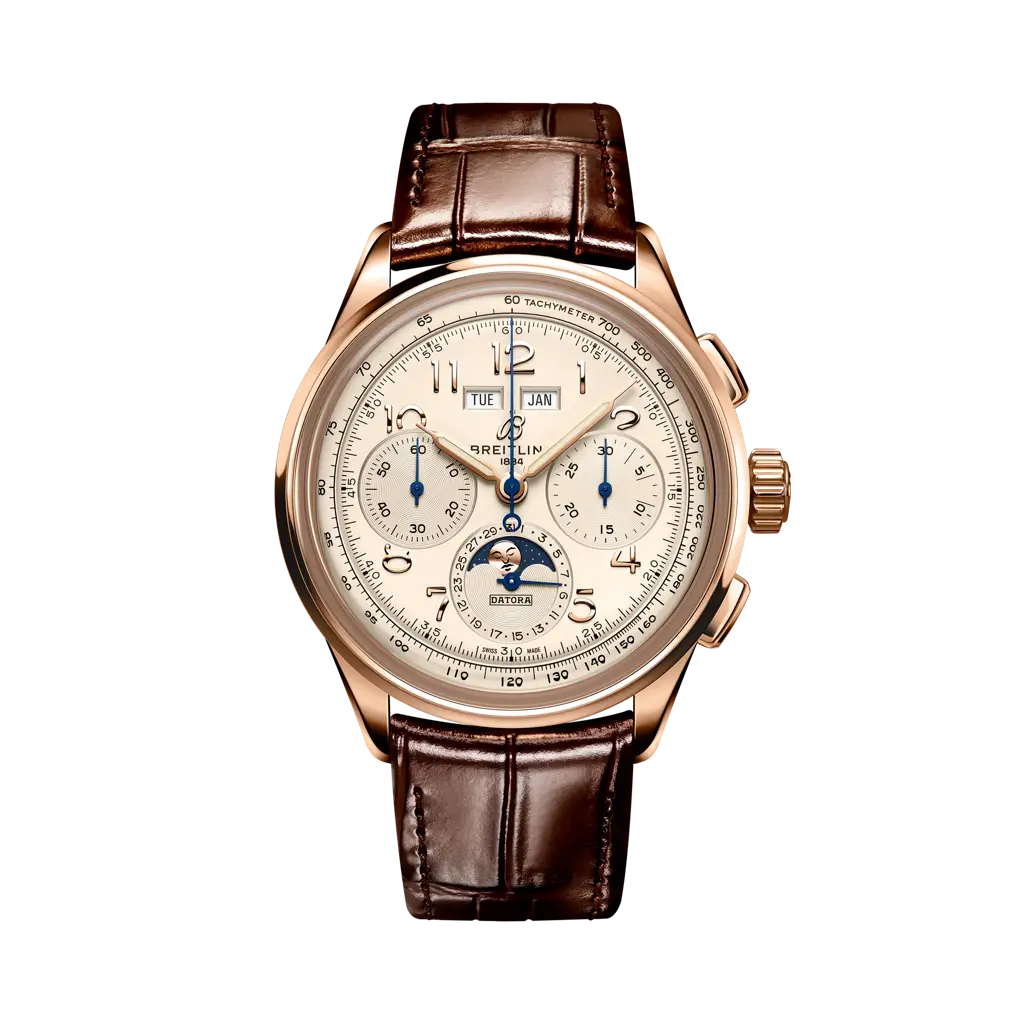 Breitling Premier B25 Datora 42 mm Rose Yellow Dial 18K Red Gold   Leather Brown Strap RB2510371G1P1