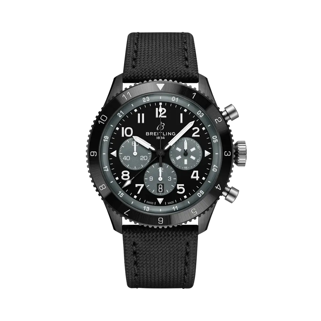 Breitling Super AVI B04 Chronograph GMT 46 Mosquito Night Fighter 46 mm Black Dial Ceramic   Leather Strap SB04451A1B1X1