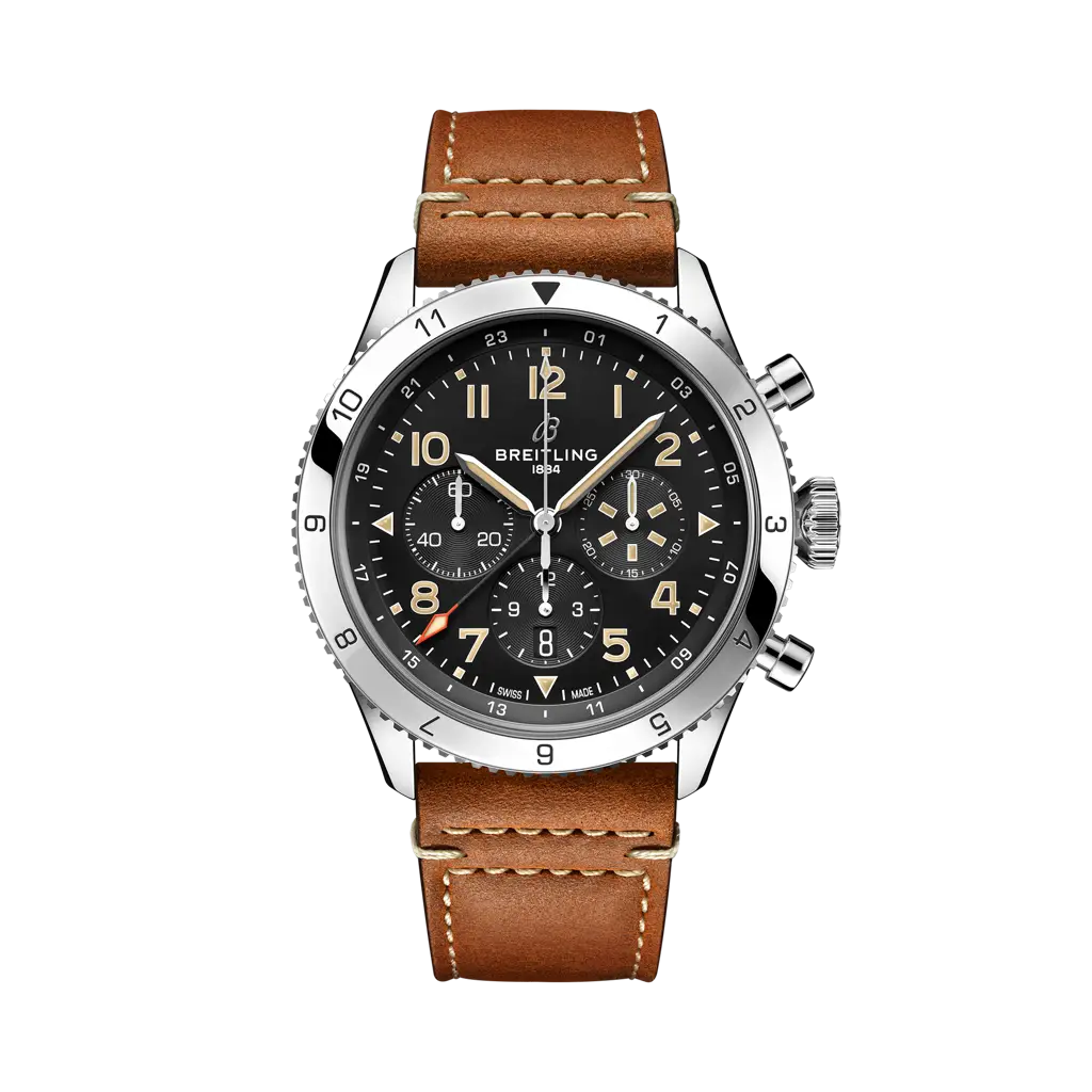 Breitling Super AVI B04 Chronograph GMT 46 P-51 Mustang 46 mm Black Dial Stainless Steel   Leather Strap AB04453A1B1X1