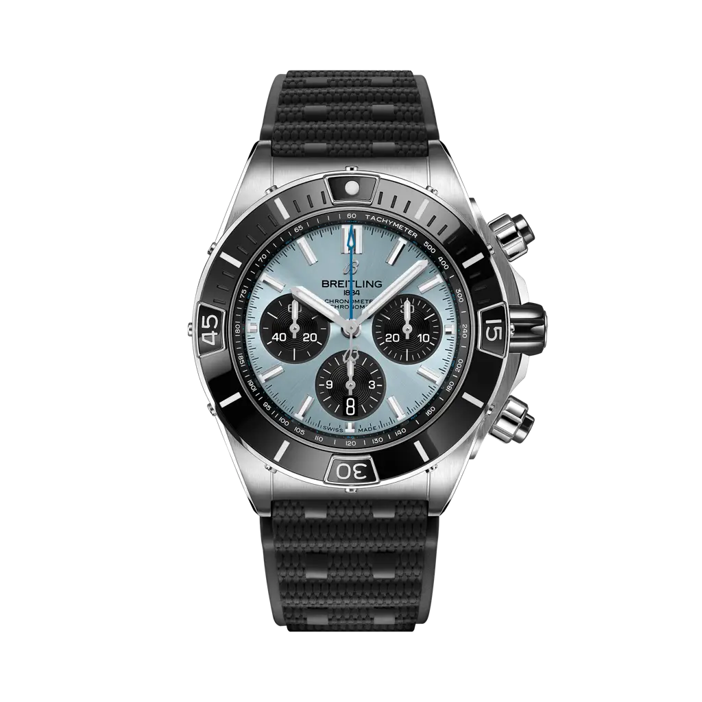 Breitling Super Chronomat B01 44 mm Ice-Blue Dial Stainless Steel & Platinum Black Rubber Strap PB0136251C1S1