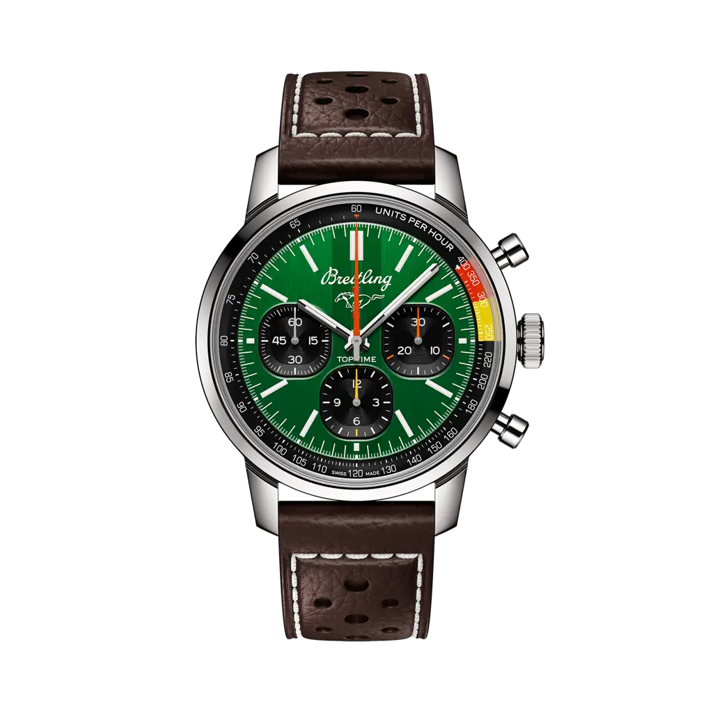 Breitling Top Time B01 Ford Mustang 41 mm Black And Green Dial Stainless Steel   Leather Brown Strap AB01762A1L1X1