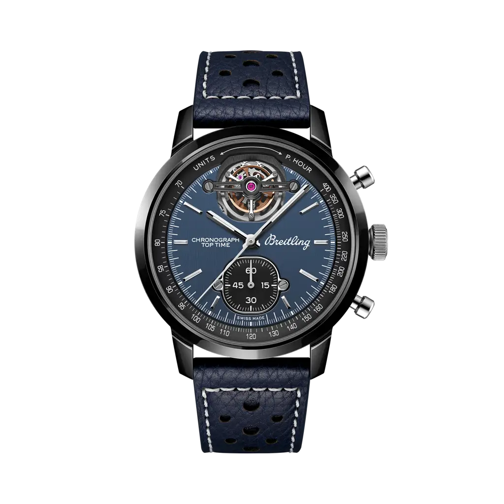 Breitling Top Time B21 Shelby Cobra 44 mm Blue Dial Ceramic   Leather Blue Strap SB21251A1C1X1