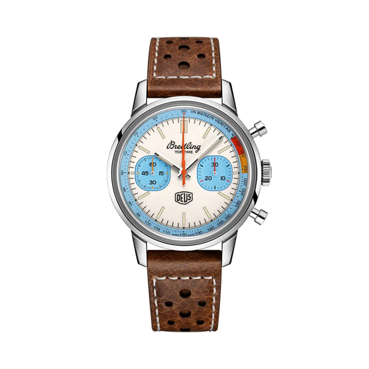 Breitling Top Time Deus 41 mm White And Sky Blue Dial Stainless Steel   Leather Brown Strap A233112A1A1X1
