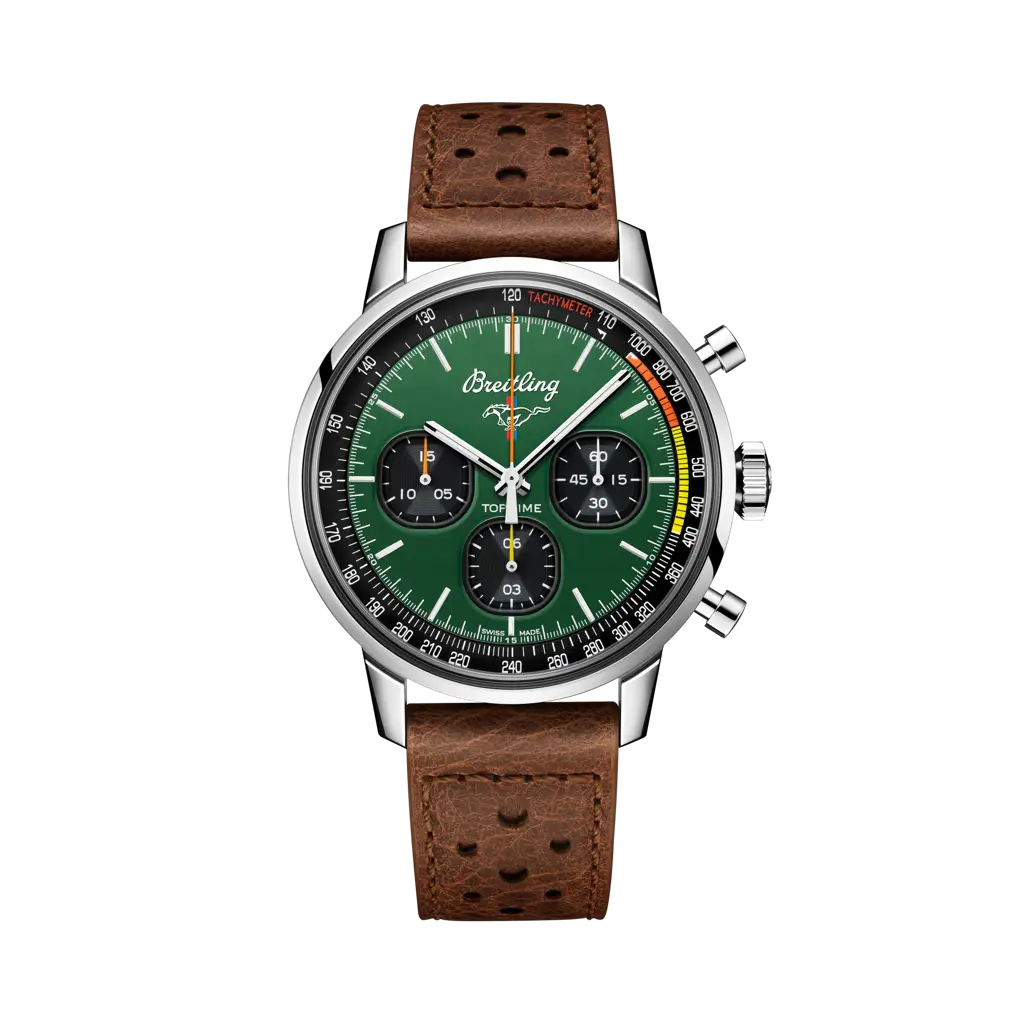 Breitling Top Time Ford Mustang 42 mm Black And Green Dial Stainless Steel   Leather Brown Strap A253101A1L1X1