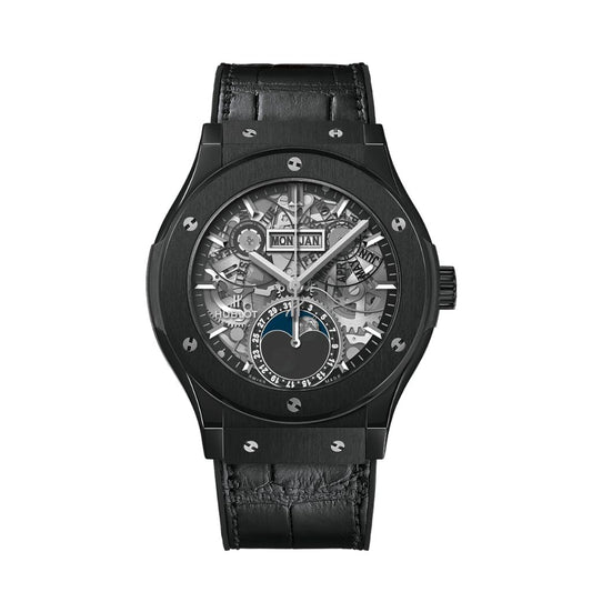 Hublot Classic Fusion Aerofusion Moonphase Black Magic 42 mm Transparent Dial Black Ceramic   Leather Strap 547.CX.0170.LR