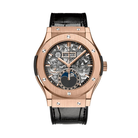 Hublot Classic Fusion Aerofusion Moonphase King Gold 42 mm Transparent Dial 18K King Gold   Leather Strap 547.OX.0180.LR