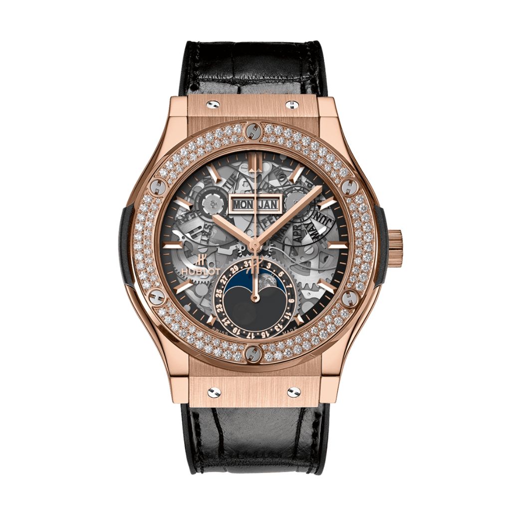 Hublot Classic Fusion Aerofusion Moonphase King with Diamonds Gold Diamonds 42 mm Transparent Dial 18K King Gold   Leather Strap 547.OX.0180.LR.1104