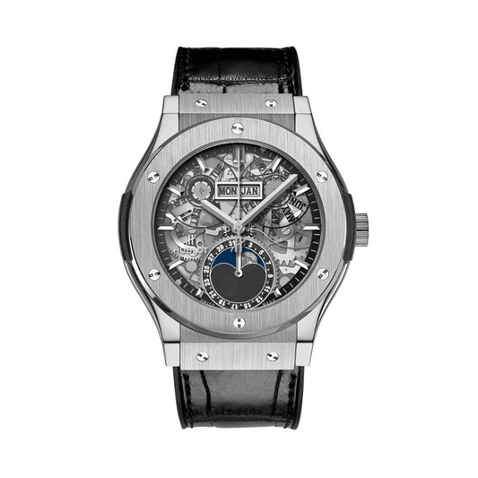 Hublot Classic Fusion Aerofusion Moonphase Titanium 42 mm Transparent Dial Polished Titanium   Leather Strap 547.NX.0170.LR