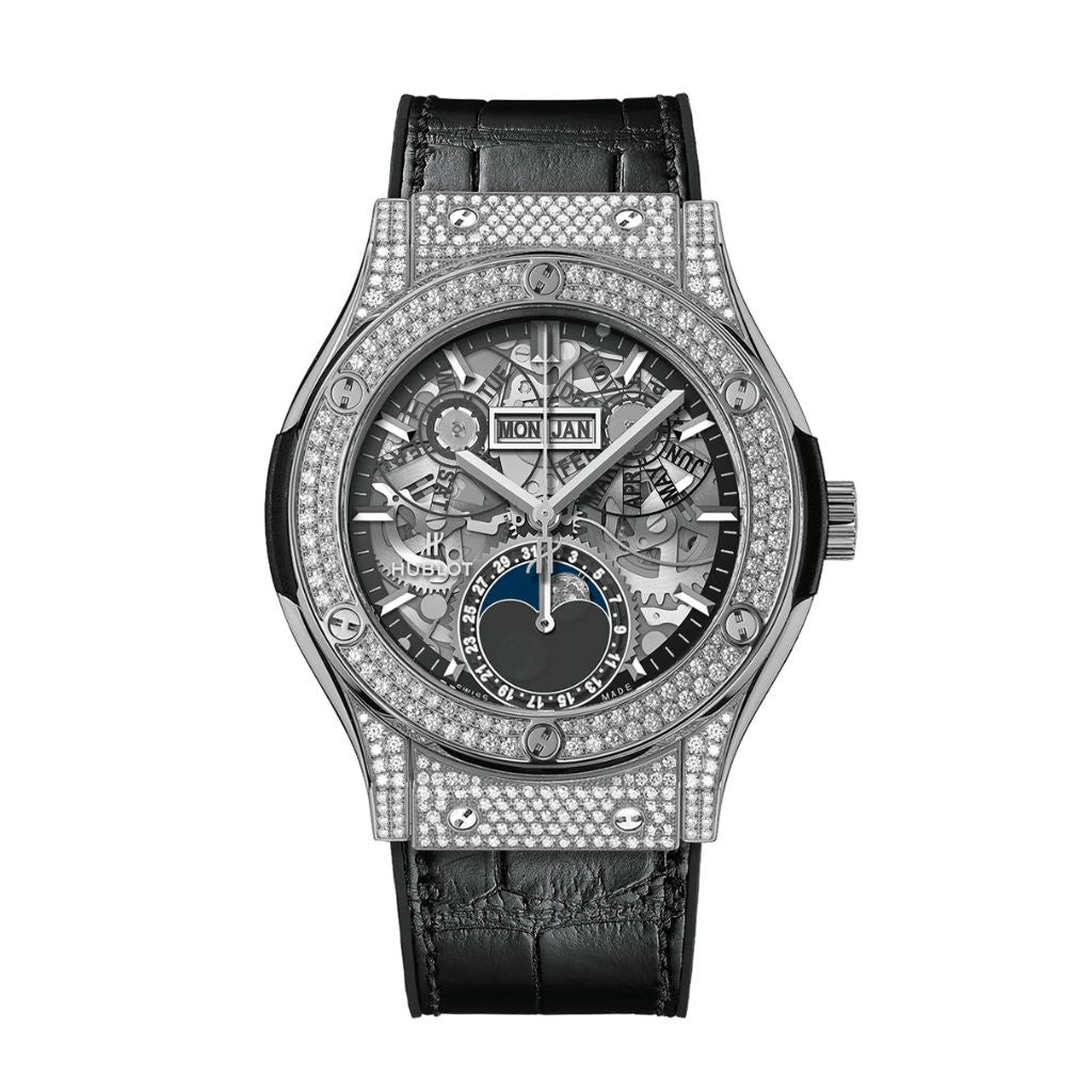 Hublot Classic Fusion Aerofusion Moonphase Titanium Diamonds 42 mm Transparent Dial with Diamonds Polished Titanium   Leather Strap 547.NX.0170.LR.1104