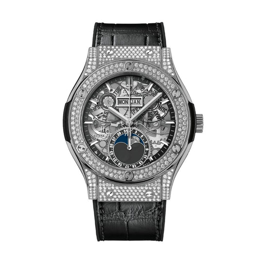 Hublot Classic Fusion Aerofusion Moonphase Titanium Diamonds 42 mm Transparent Dial with Diamonds Polished Titanium   Leather Strap 547.NX.0170.LR.1104