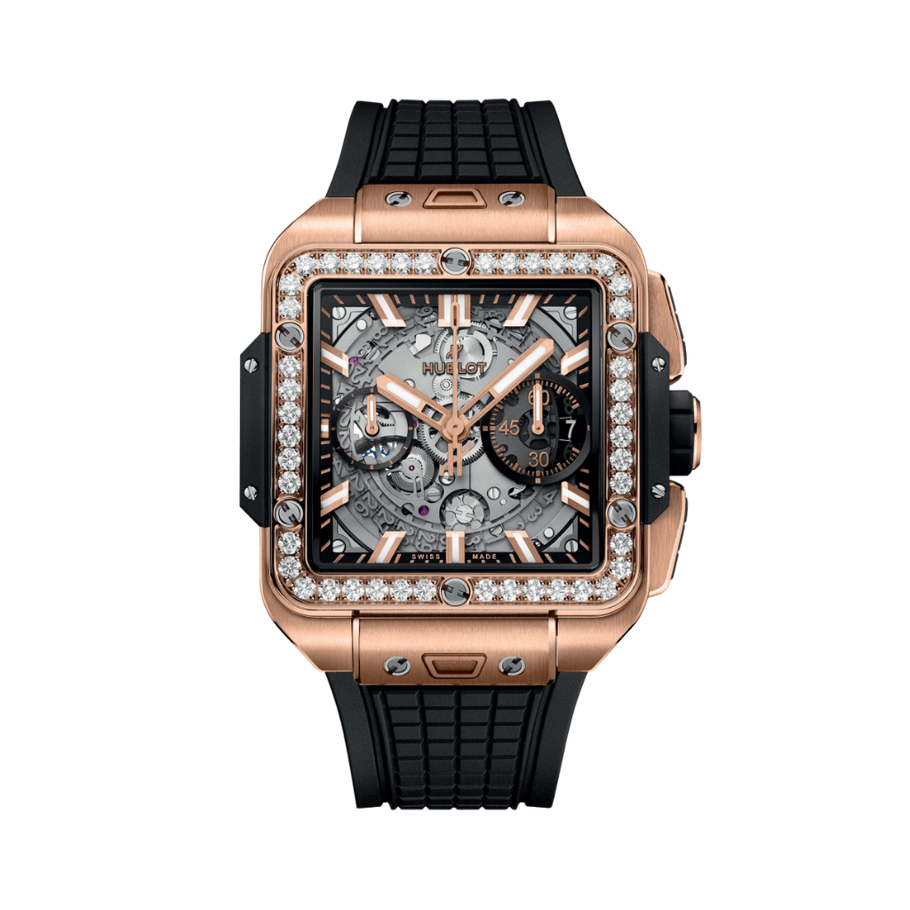 Hublot Square Bang Unico King Gold Diamonds 42 mm Transparent Dial with Diamonds Polished 18K King Gold Rubber Strap 821.OX.0180.RX.1204