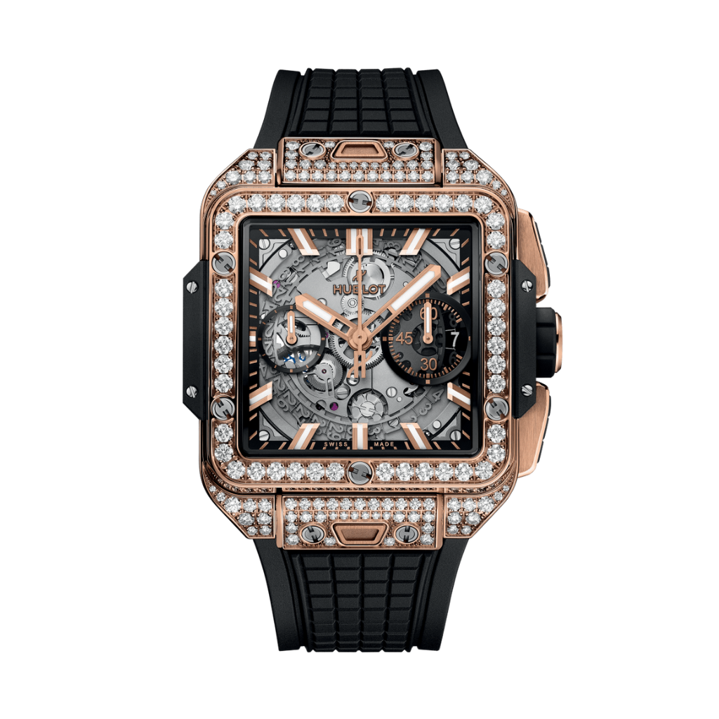 Hublot Square Bang Unico King Gold Pavé 42 mm Transparent Dial with Diamonds Polished 18K King Gold Rubber Strap 821.OX.0180.RX.1604
