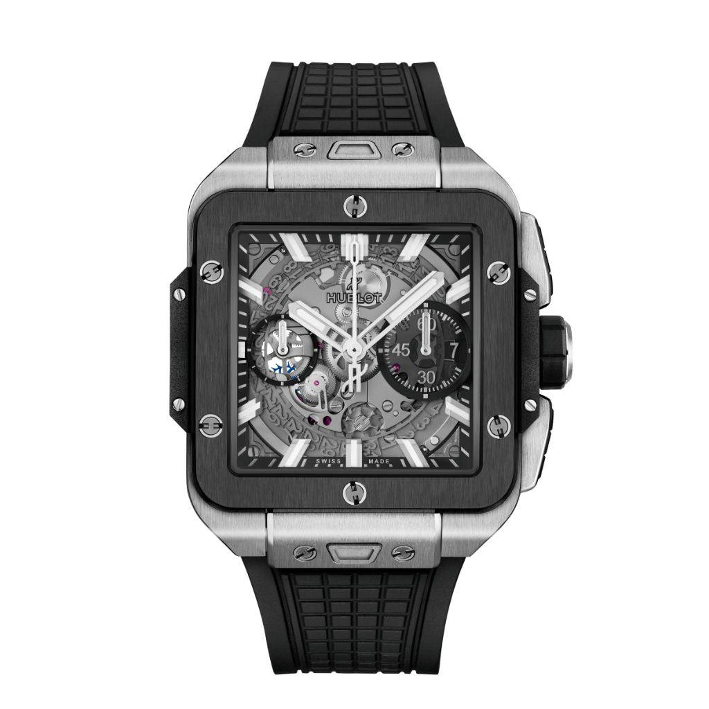 Hublot Square Bang Unico Titanium Ceramic 42 mm Transparent Dial Polished Titanium Rubber Strap 821.NM.0170.RX