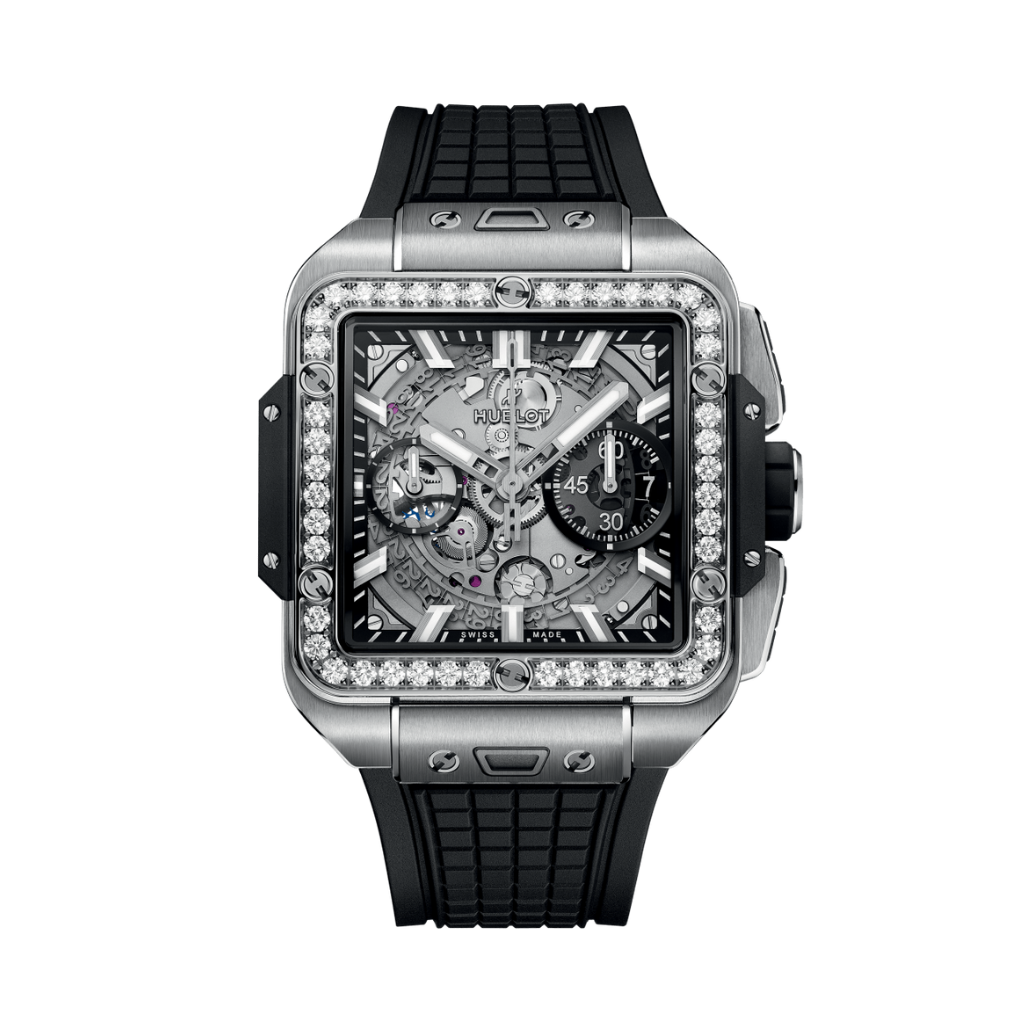 Hublot Square Bang Unico Titanium Diamonds 42 mm Transparent Dial with Diamonds Polished Titanium Rubber Strap 821.NX.0170.RX.1204