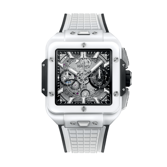 Hublot Square Bang Unico White Ceramic 42 mm Transparent Dial Microblasted and Polished White Ceramic Rubber Strap 821.HX.0170.RX