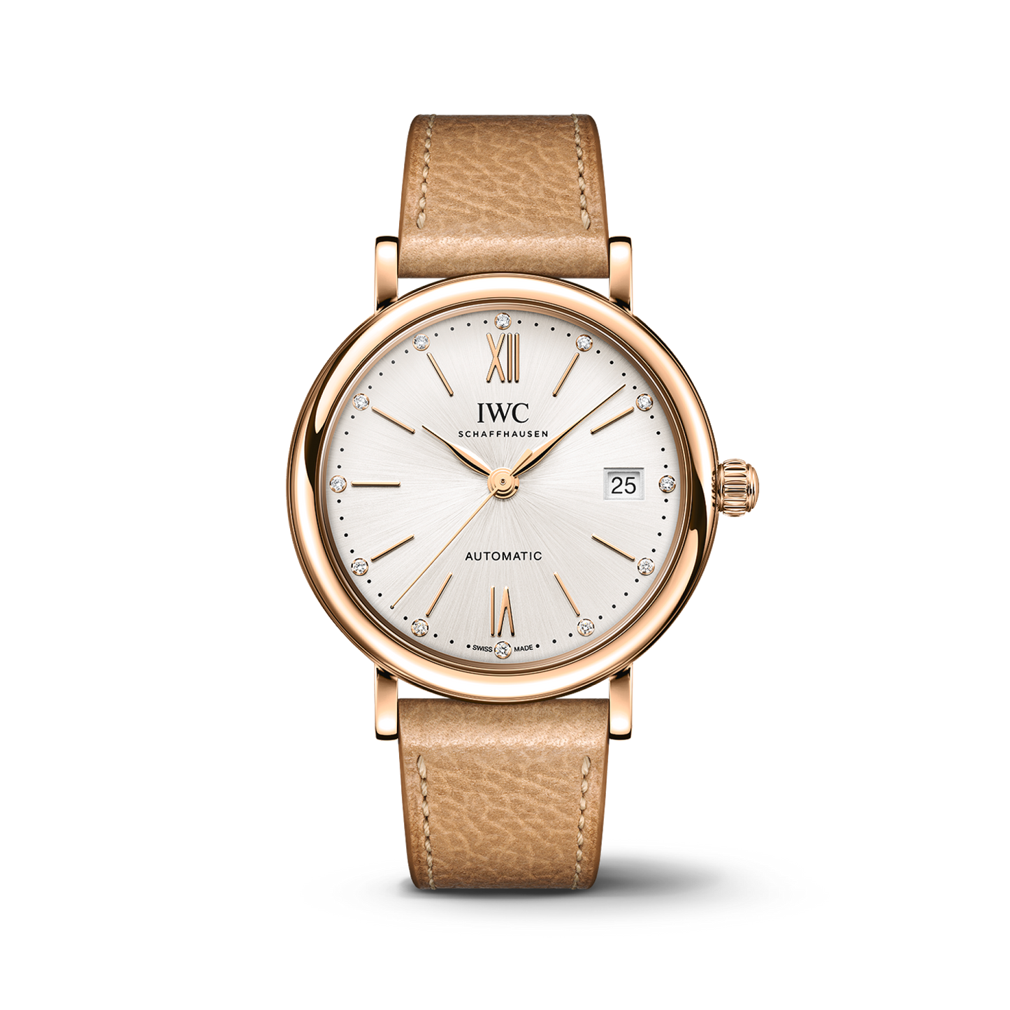 IWC Schaffhausen Portofino Automatic 37 mm Silver  Dial 18 Kt 5N Gold Case Beige   Strap  IW458606