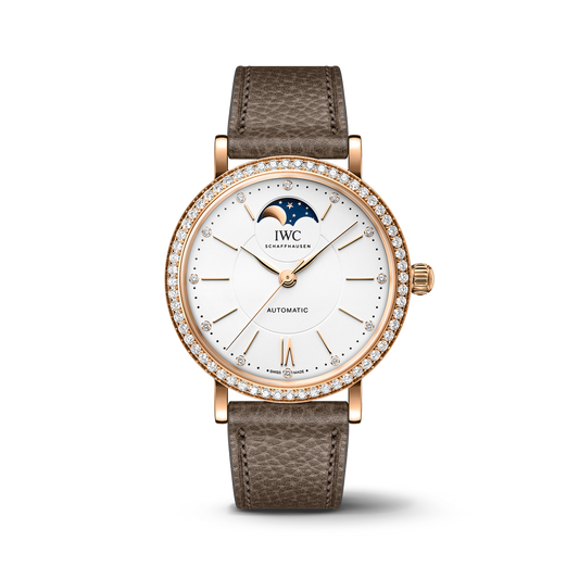 IWC Schaffhausen Portofino Automatic Moon Phase 37.1 mm Silver  Dial 18 Kt 5N Gold Case Taupe   Strap IW659602