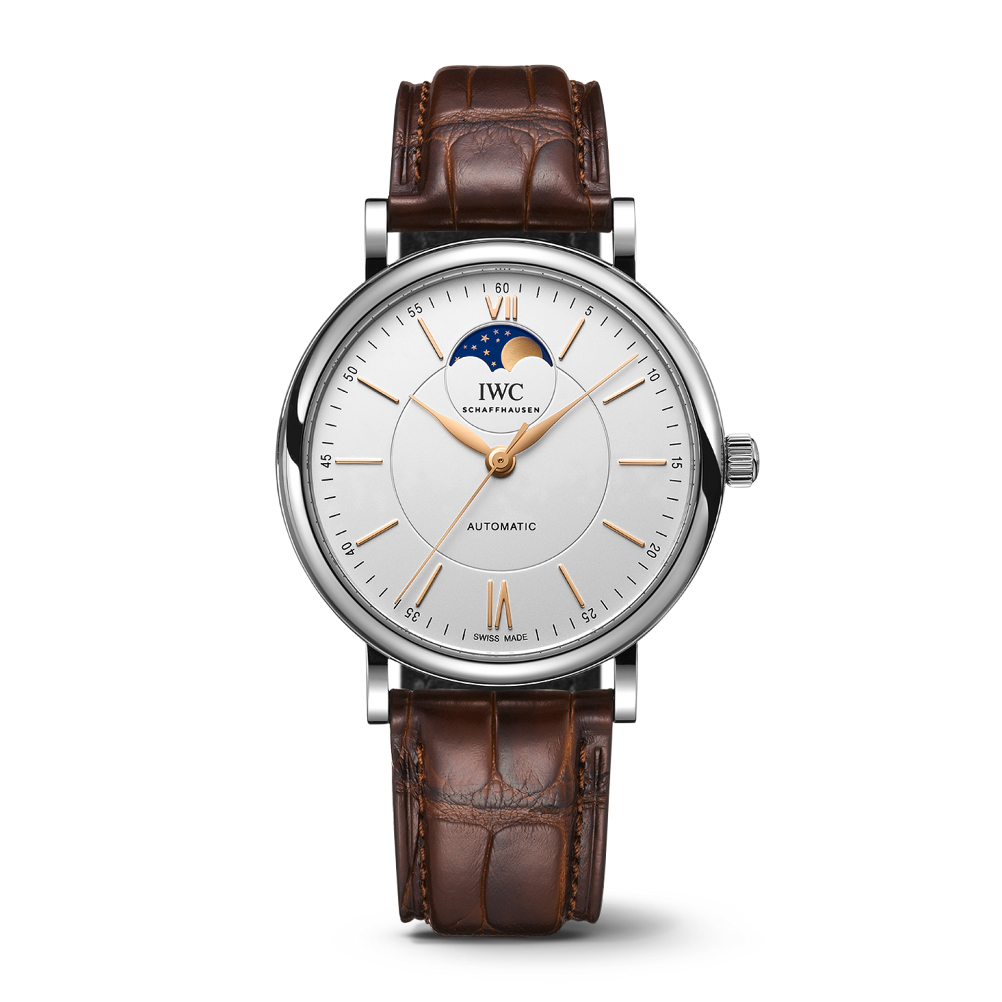 IWC Schaffhausen Portofino Automatic Moon Phase 40 mm Silver  Dial Stainless Steel Dark Brown   Leather Strap IW459401