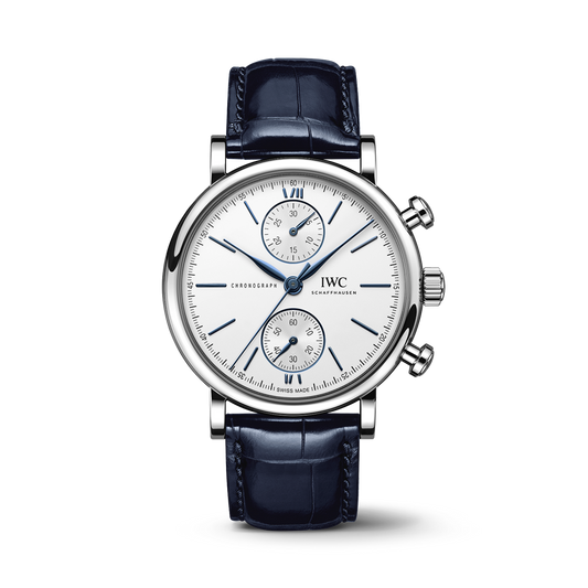 IWC Schaffhausen Portofino Chronograph 39 mm Silver  Dial Stainless Steel Blue   Leather Strap IW391407