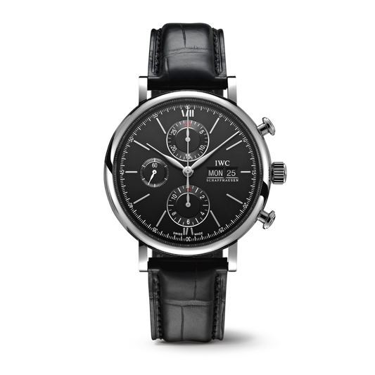 IWC Schaffhausen Portofino Chronograph 42 mm Black  Dial Stainless Steel Black   Leather Strap IW391029