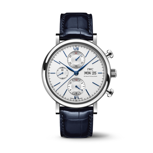 IWC Schaffhausen Portofino Chronograph 42 mm Silver  Dial Stainless Steel Blue   Leather Strap IW391037