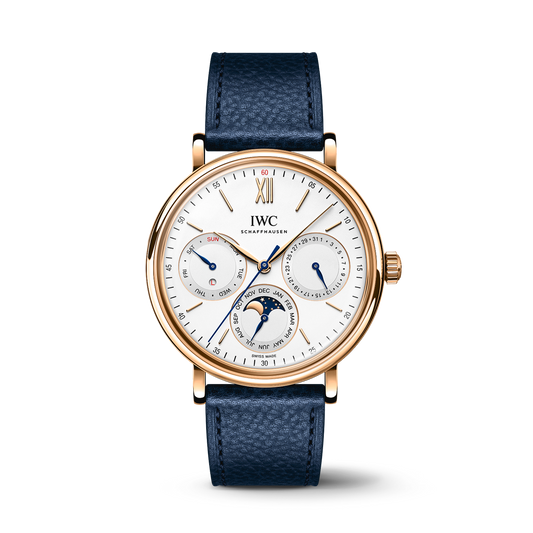 IWC Schaffhausen Portofino Perpetual Calendar 40 mm Silver  Dial 18 Kt 5N Gold Case Blue   Strap IW344602