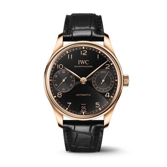 IWC Schaffhausen Portugieser Automatic 42 mm Black Dial 18k 5N Gold Black   Leather Strap IW501707