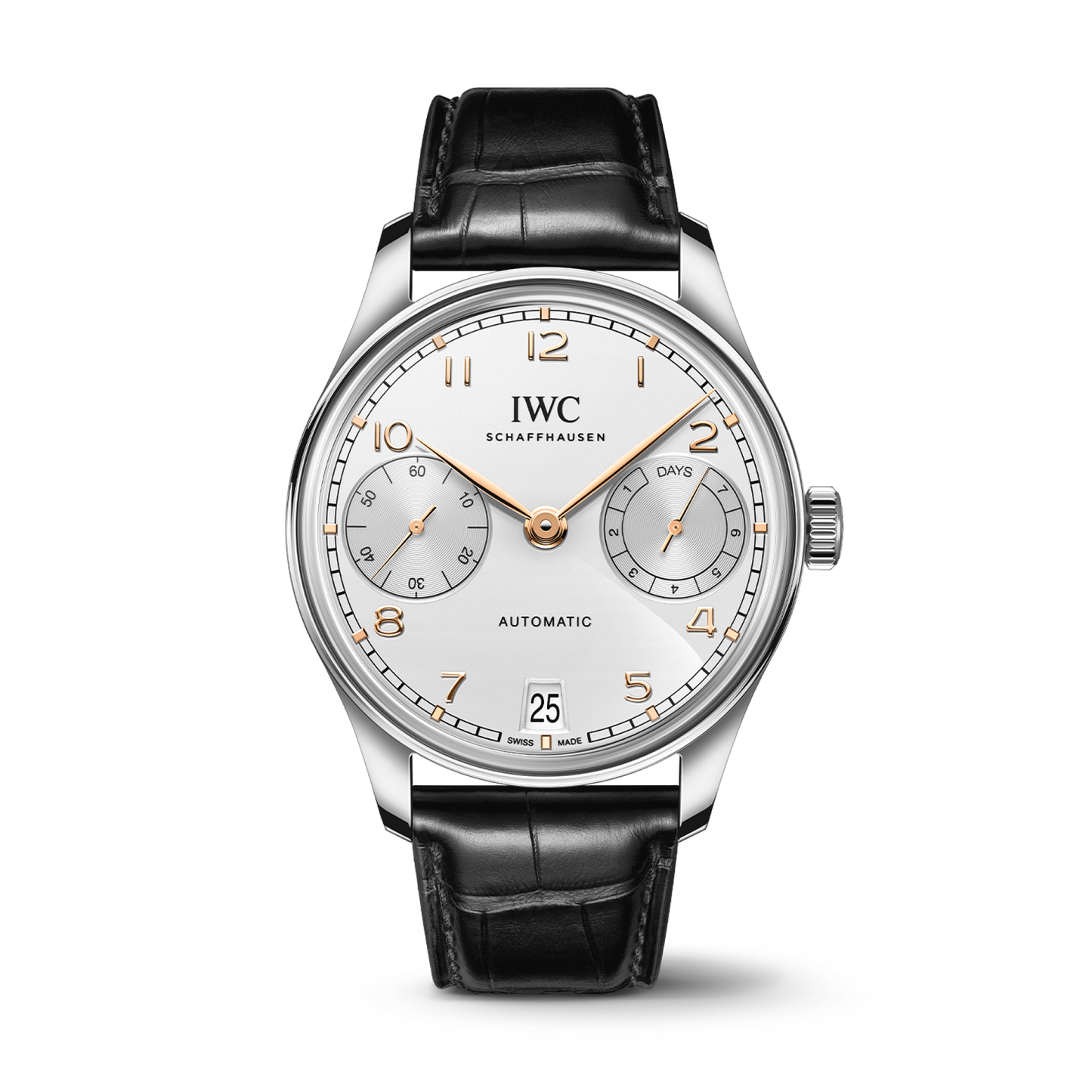 IWC Schaffhausen Portugieser Automatic 42 mm Silver Dial Stainless Steel Black   Leather Strap IW501701