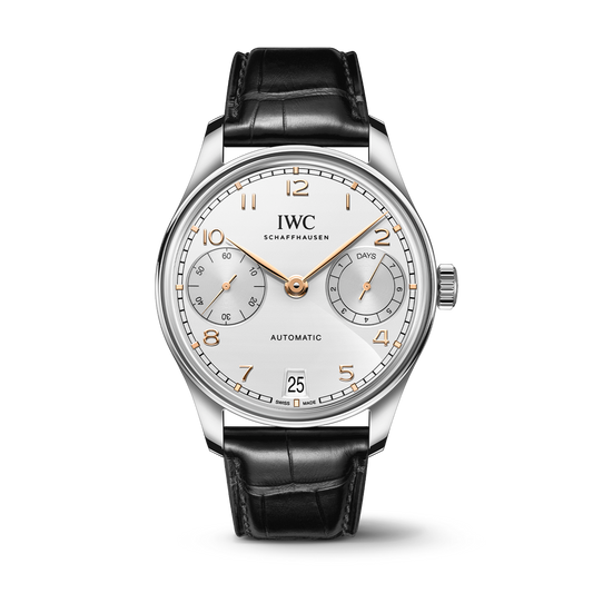 IWC Schaffhausen Portugieser Automatic 42 mm Silver Dial Stainless Steel Black   Leather Strap IW501701
