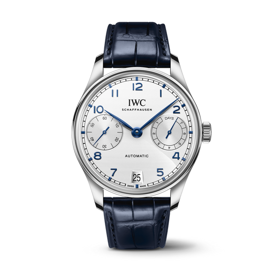 IWC Schaffhausen Portugieser Automatic 42 mm Silver Dial Stainless Steel Blue   Leather Strap IW501702