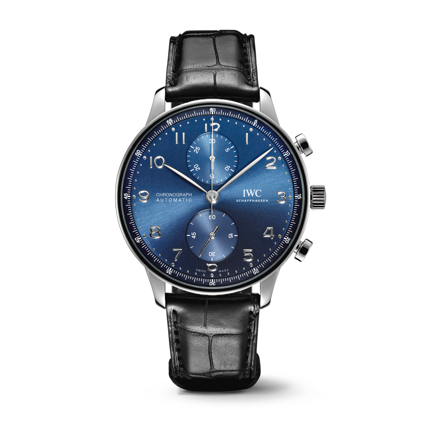 IWC Schaffhausen Portugieser Chronograph 41 mm Blue Dial Stainless Steel Black   Leather Strap IW371606