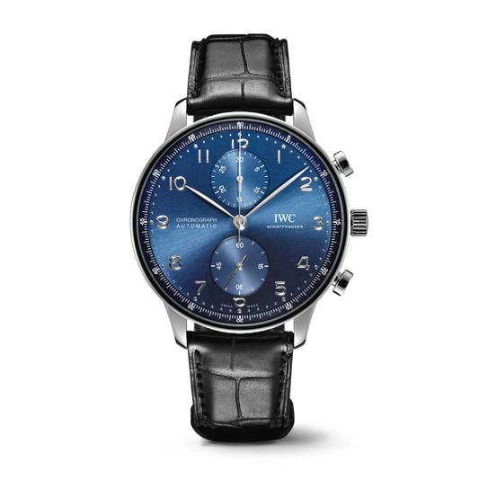 IWC Schaffhausen Portugieser Chronograph 41 mm Blue Dial Stainless Steel Black   Leather Strap IW371606