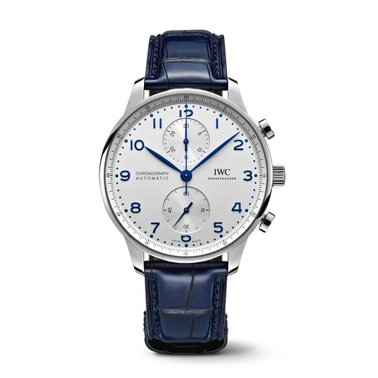 IWC Schaffhausen Portugieser Chronograph 41 mm Silver Dial Stainless Steel Blue   Leather Strap IW371605