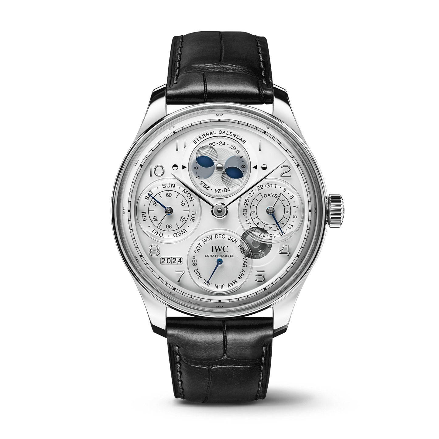 IWC Schaffhausen Portugieser Eternal Calendar 44.4 mm White Dial Platinum Black   Leather Strap IW505701
