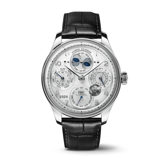 IWC Schaffhausen Portugieser Eternal Calendar 44.4 mm White Dial Platinum Black   Leather Strap IW505701