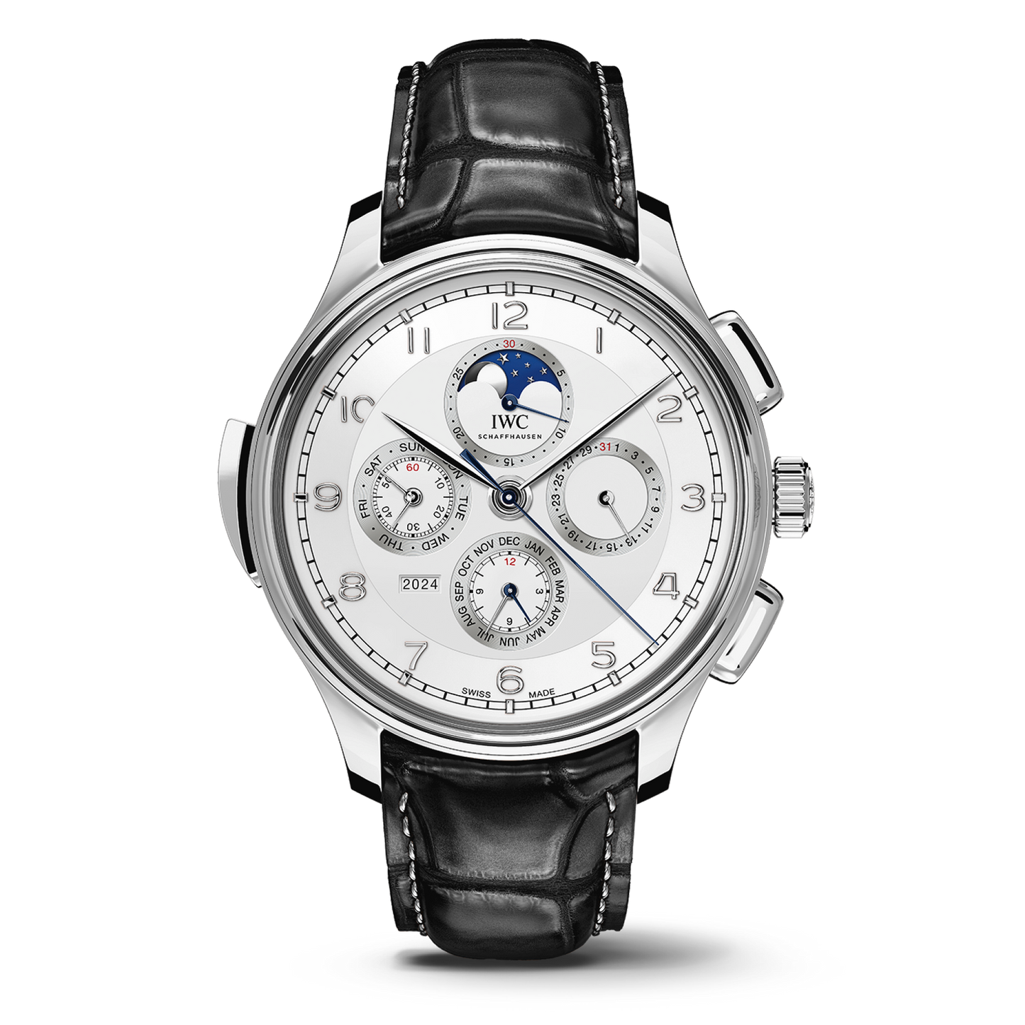 IWC Schaffhausen Portugieser Grande Complication 45 mm Silver Dial Platinum Black   Leather Strap IW377601