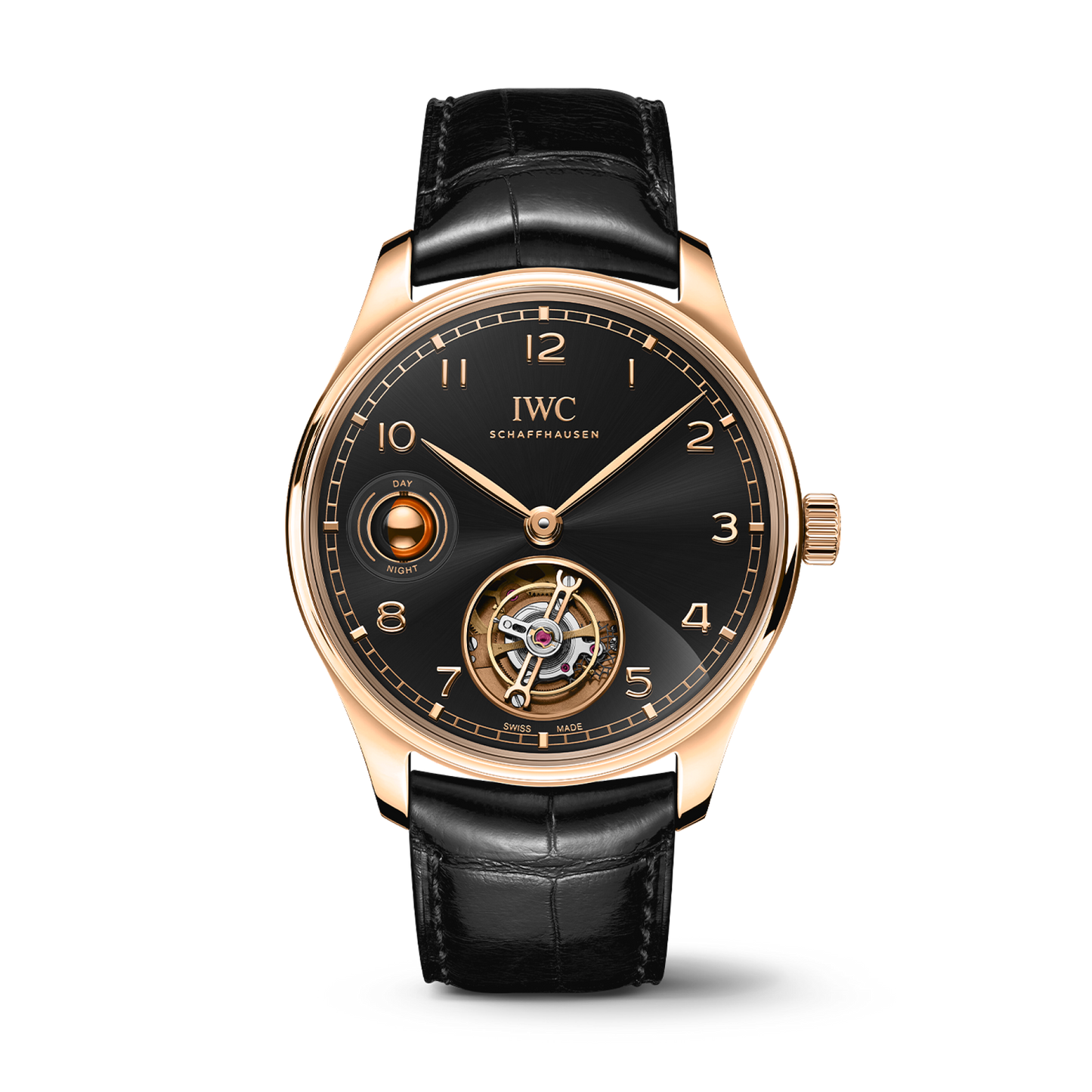 IWC Schaffhausen Portugieser Hand-Wound Tourbillon Day & Night 42 mm Black Dial 18k Armor Gold Black   Leather Strap IW545901