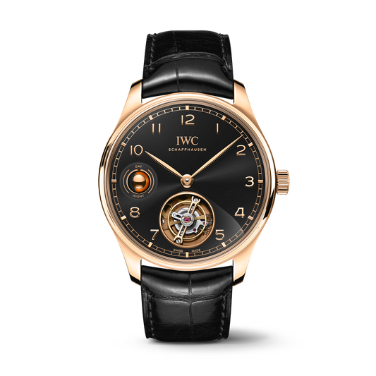 IWC Schaffhausen Portugieser Hand-Wound Tourbillon Day & Night 42 mm Black Dial 18k Armor Gold Black   Leather Strap IW545901
